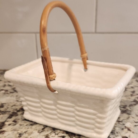 Vintage Ceramic Basket with Rattan Handle - Picture 2 of 2